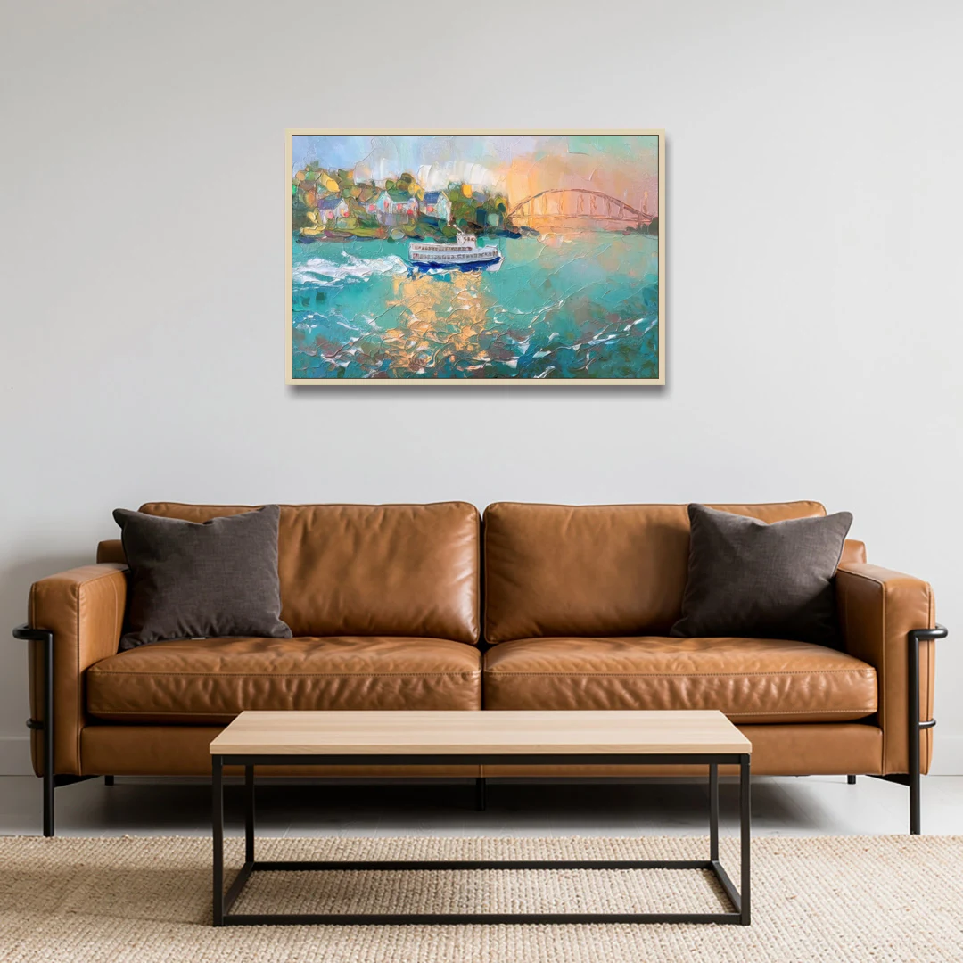 Mackinac Island Ferry Crossing - Oak Framed Canvas Wall Art - Sofa - 36x24