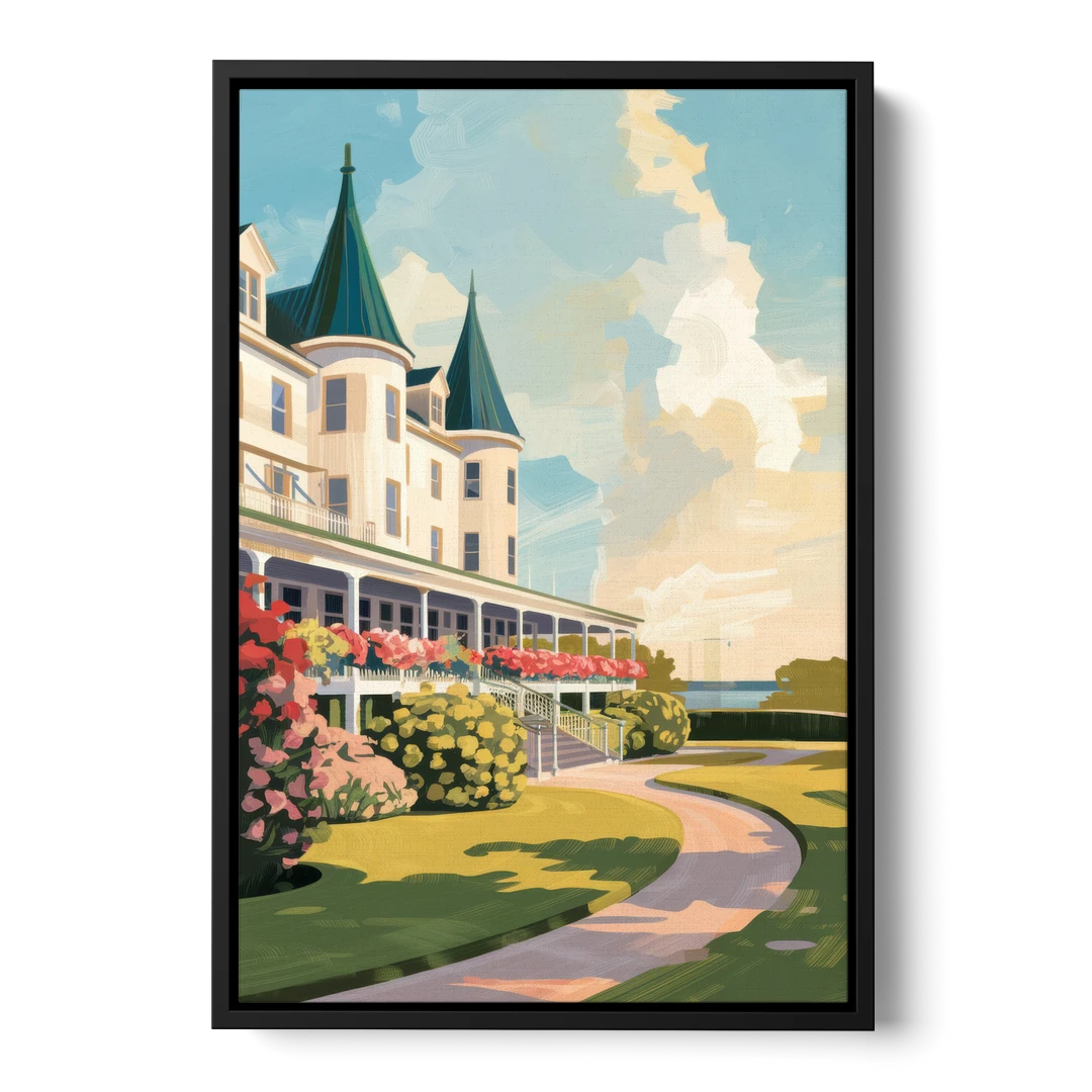 Mackinac Island Grand Hotel View - Black Framed Canvas Wall Art - Front