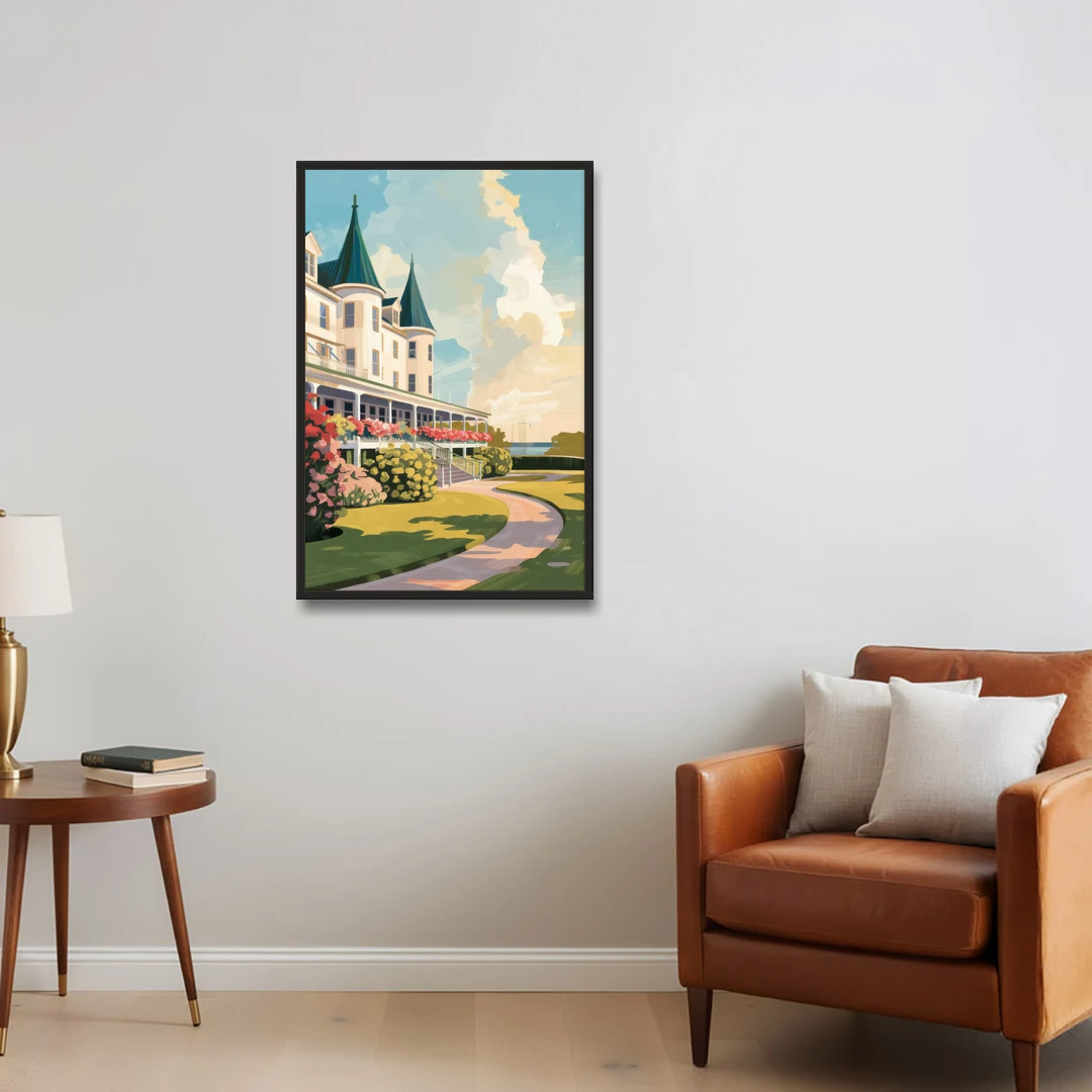 Mackinac Island Grand Hotel View - Black Framed Canvas Wall Art - Sofa - 24x36