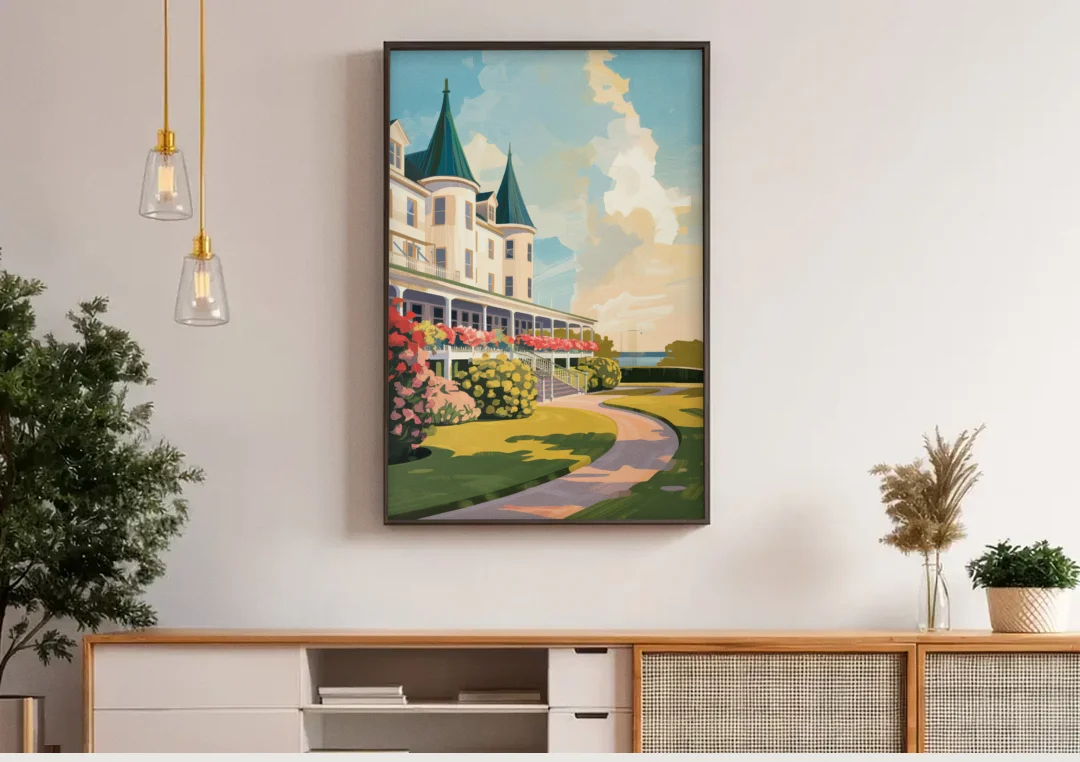 Mackinac Island Grand Hotel View canvas wall art above a wooden sideboard under pendant lights