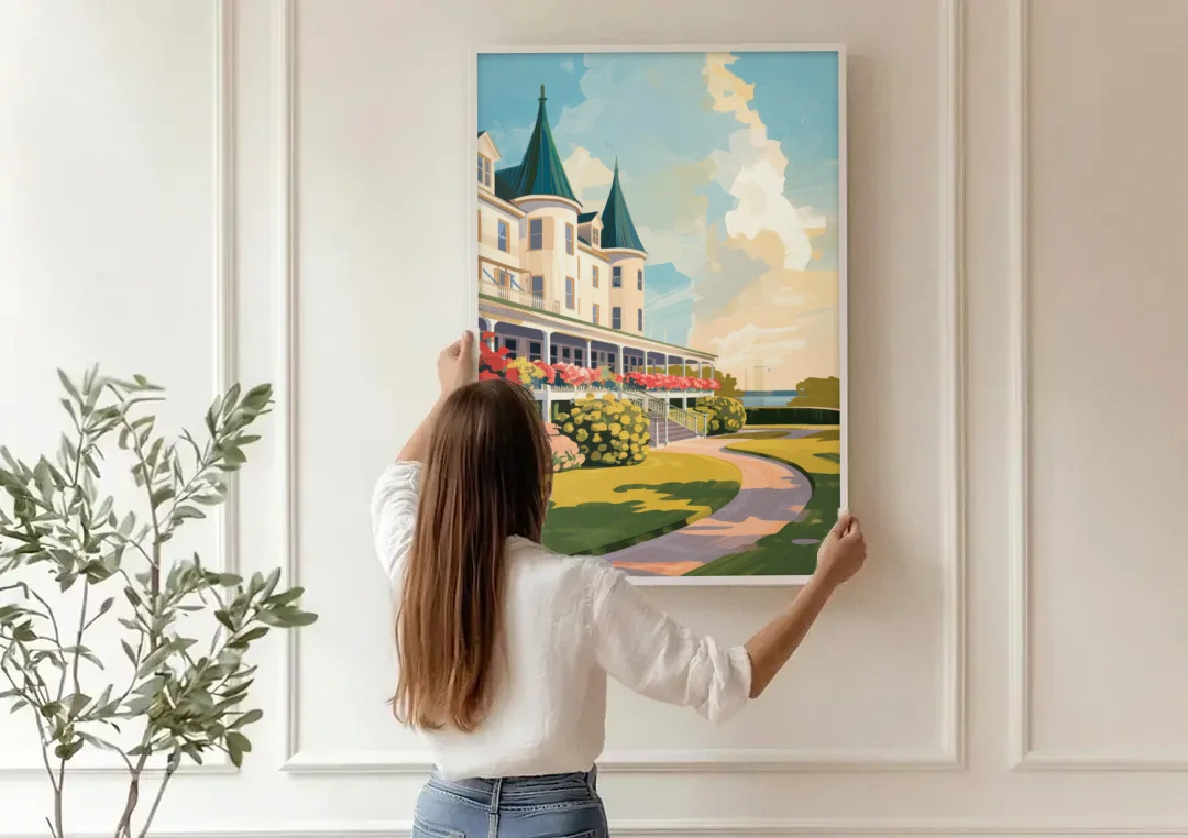 Mackinac Island Grand Hotel View canvas wall art being hung on a paneled wall