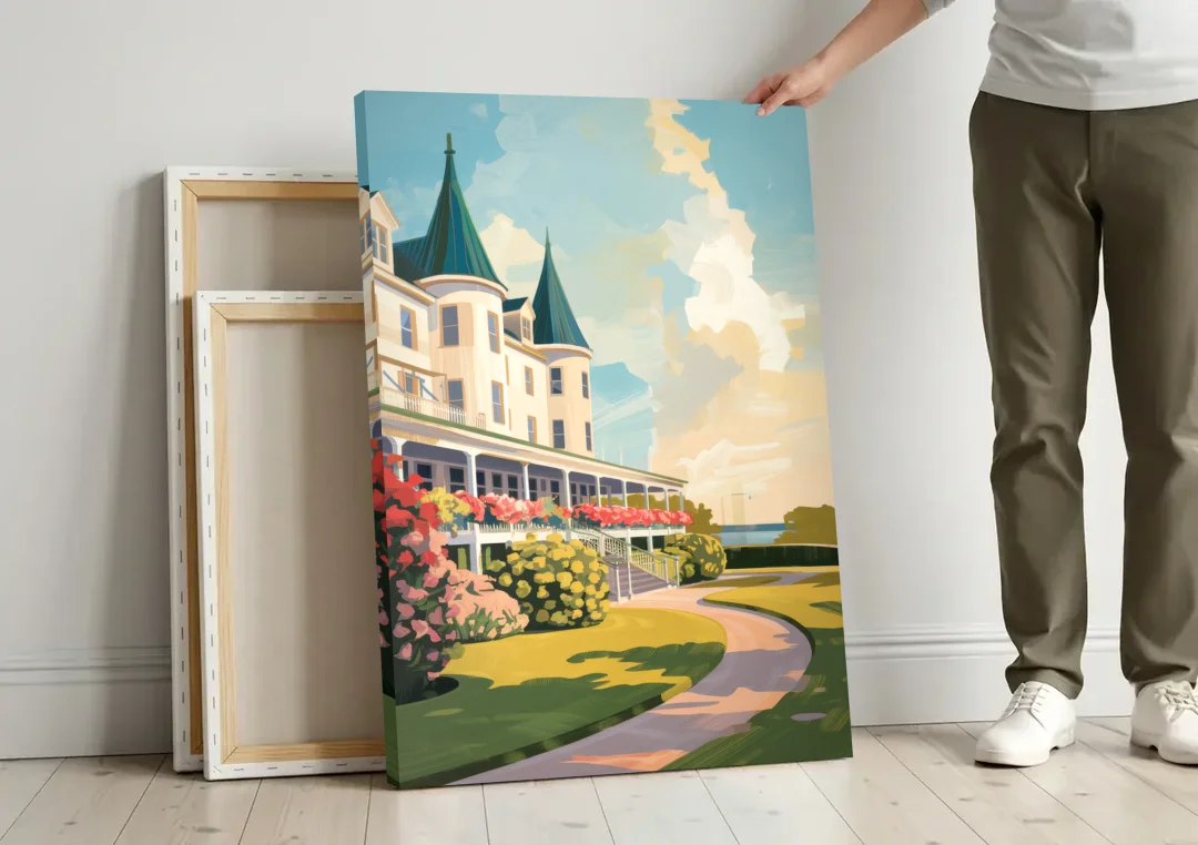 Mackinac Island Grand Hotel View canvas wall art leaning against a wall next to blank canvases
