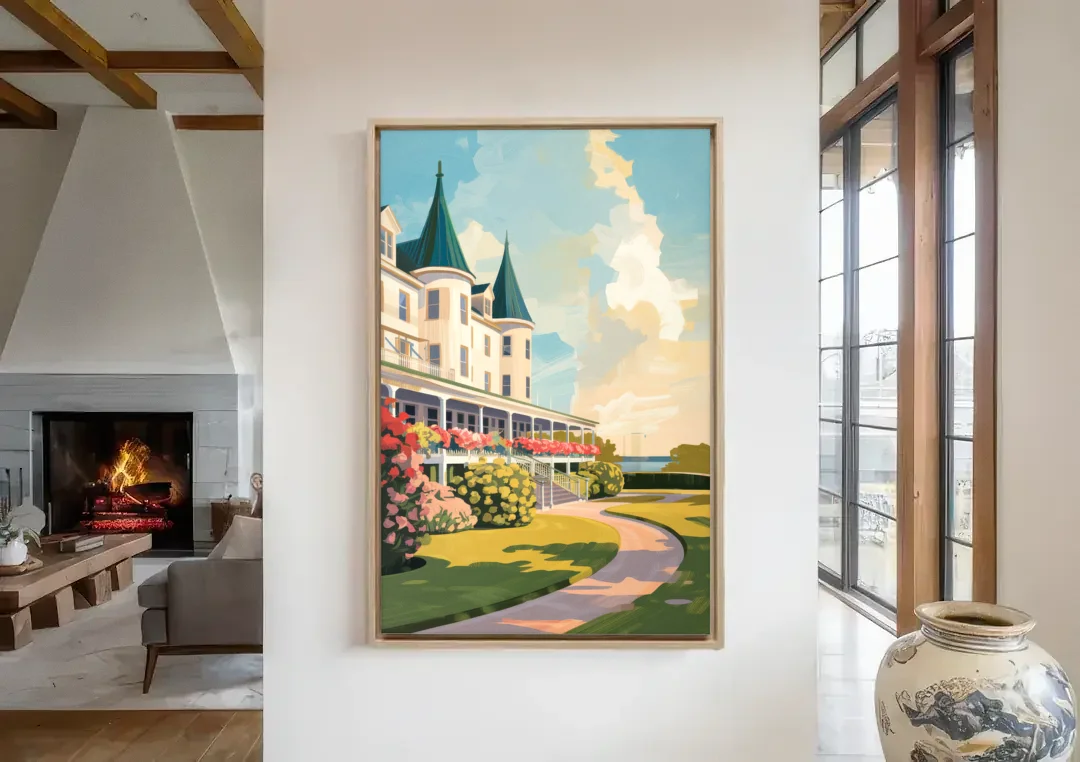 Mackinac Island Grand Hotel View canvas wall art in a living room with a fireplace