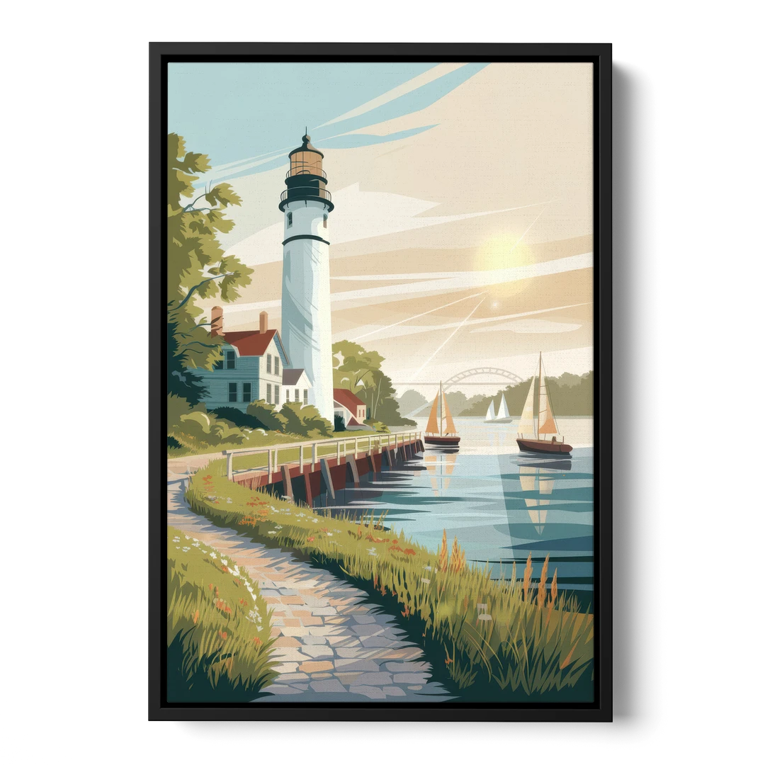 Mackinac Island Historic Lighthouse - Black Framed Canvas Wall Art - Front