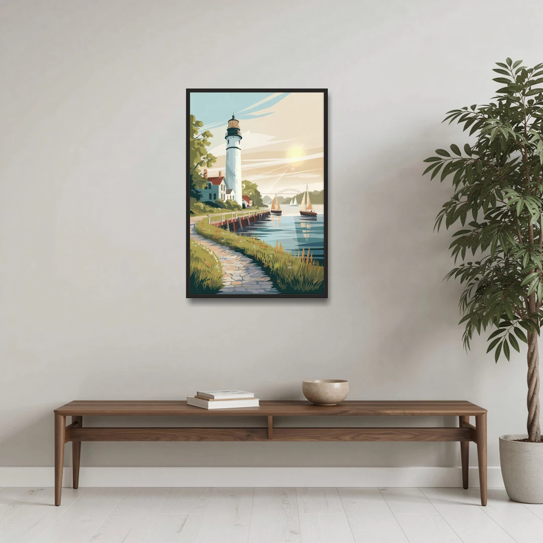 Mackinac Island Historic Lighthouse - Black Framed Canvas Wall Art - Coffee Table - 24x36
