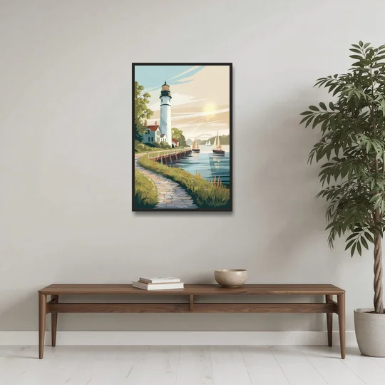 Mackinac Island Historic Lighthouse - Black Framed Canvas Wall Art - Coffee Table - 24x36