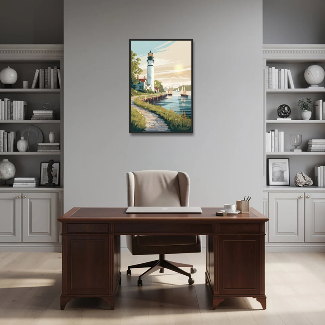 Mackinac Island Historic Lighthouse - Black Framed Canvas Wall Art - Office - 24x36