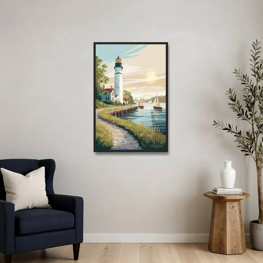 Mackinac Island Historic Lighthouse - Black Framed Canvas Wall Art - Sofa - 24x36