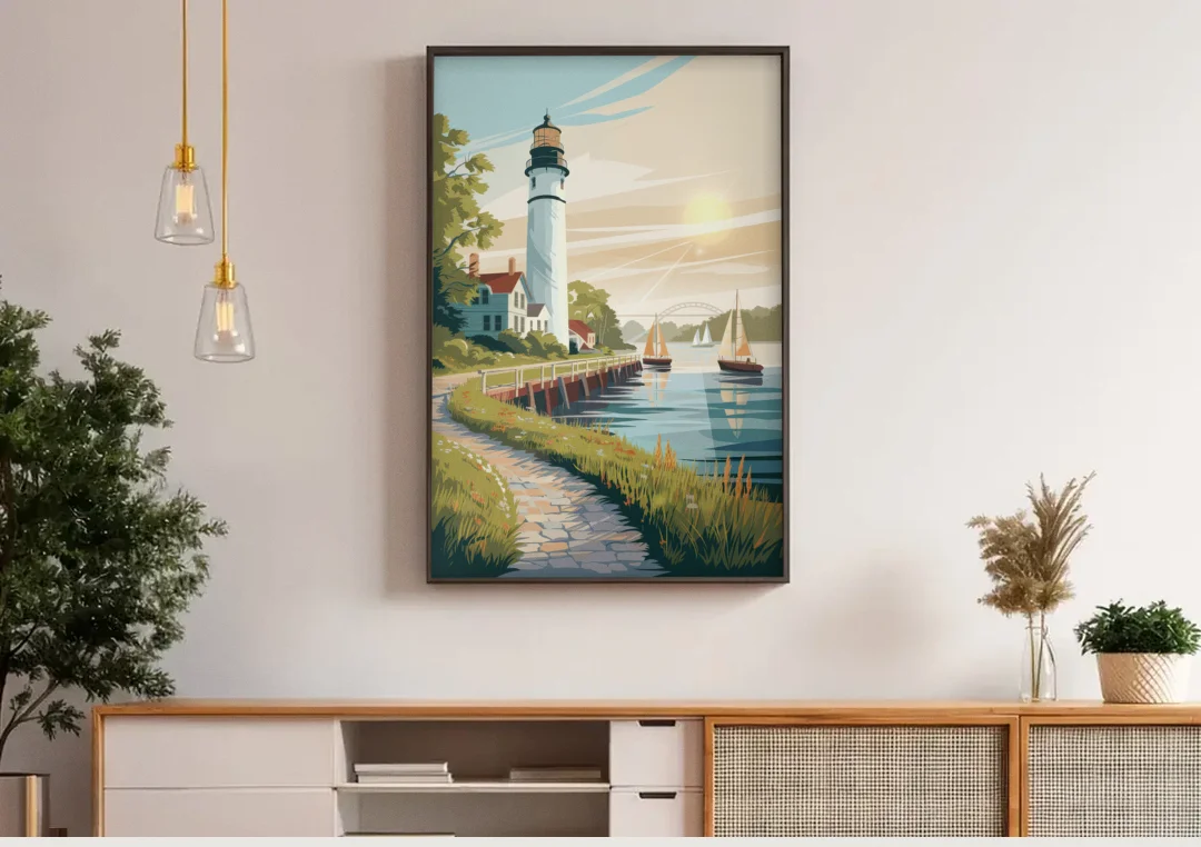 Mackinac Island Historic Lighthouse canvas wall art above a wooden sideboard under pendant lights