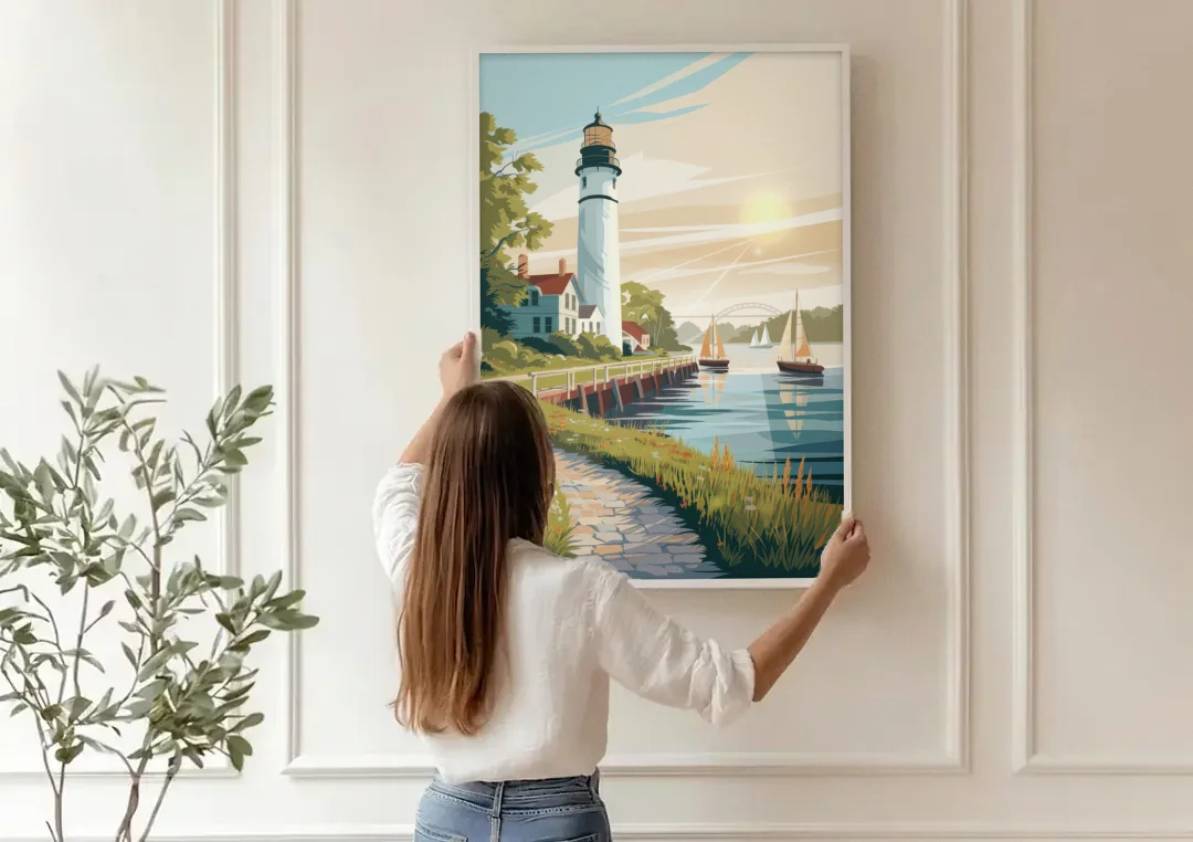Mackinac Island Historic Lighthouse canvas wall art being hung on a paneled wall