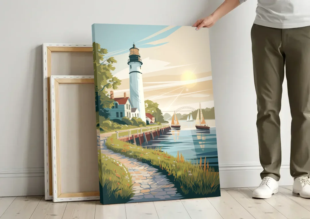 Mackinac Island Historic Lighthouse canvas wall art leaning against a wall next to blank canvases