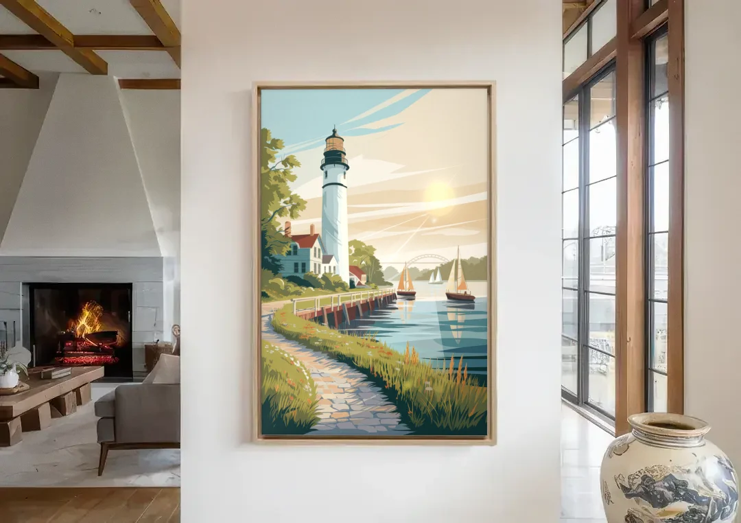 Mackinac Island Historic Lighthouse canvas wall art in a living room with a fireplace