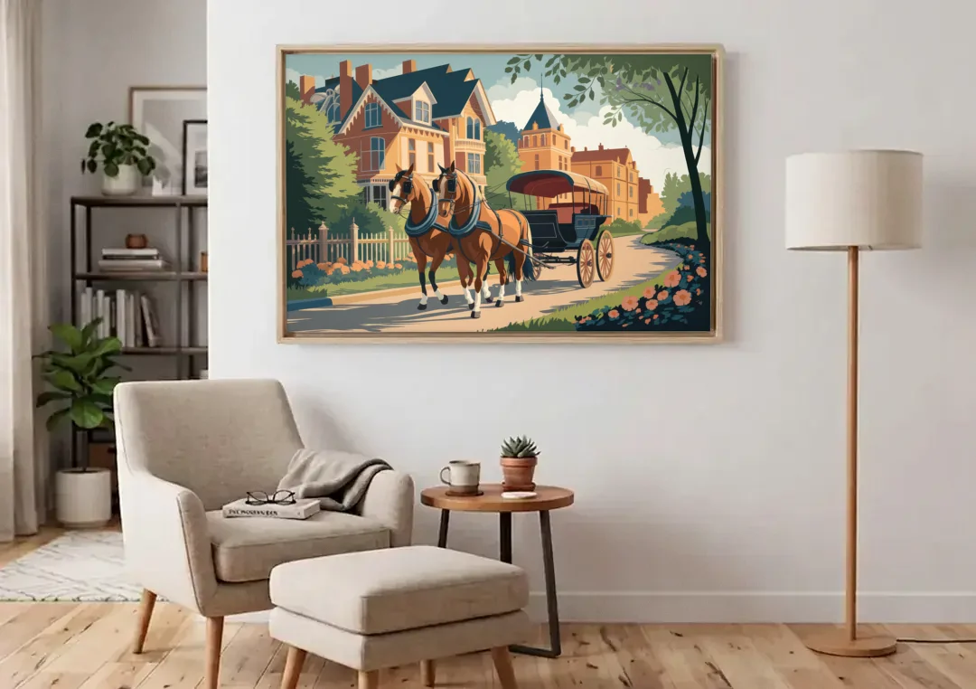 Mackinac Island Horse Carriage Ride canvas wall art above an armchair in a bright living room
