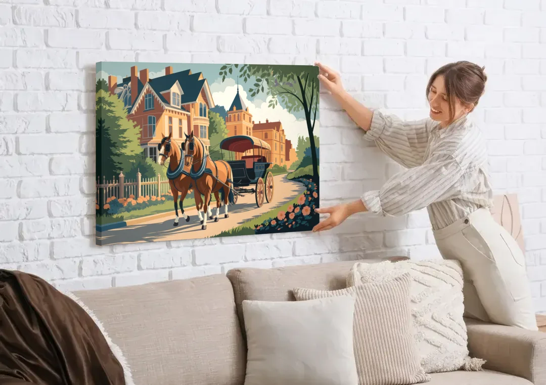 Mackinac Island Horse Carriage Ride canvas wall art being hung on a white brick wall above a sofa