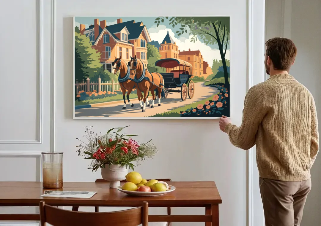 Mackinac Island Horse Carriage Ride canvas wall art above a dining table