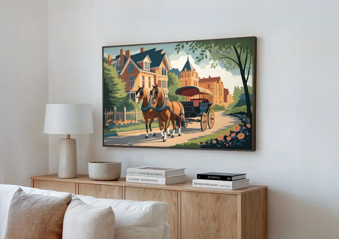 Mackinac Island Horse Carriage Ride canvas wall art above a wooden sideboard next to a sofa