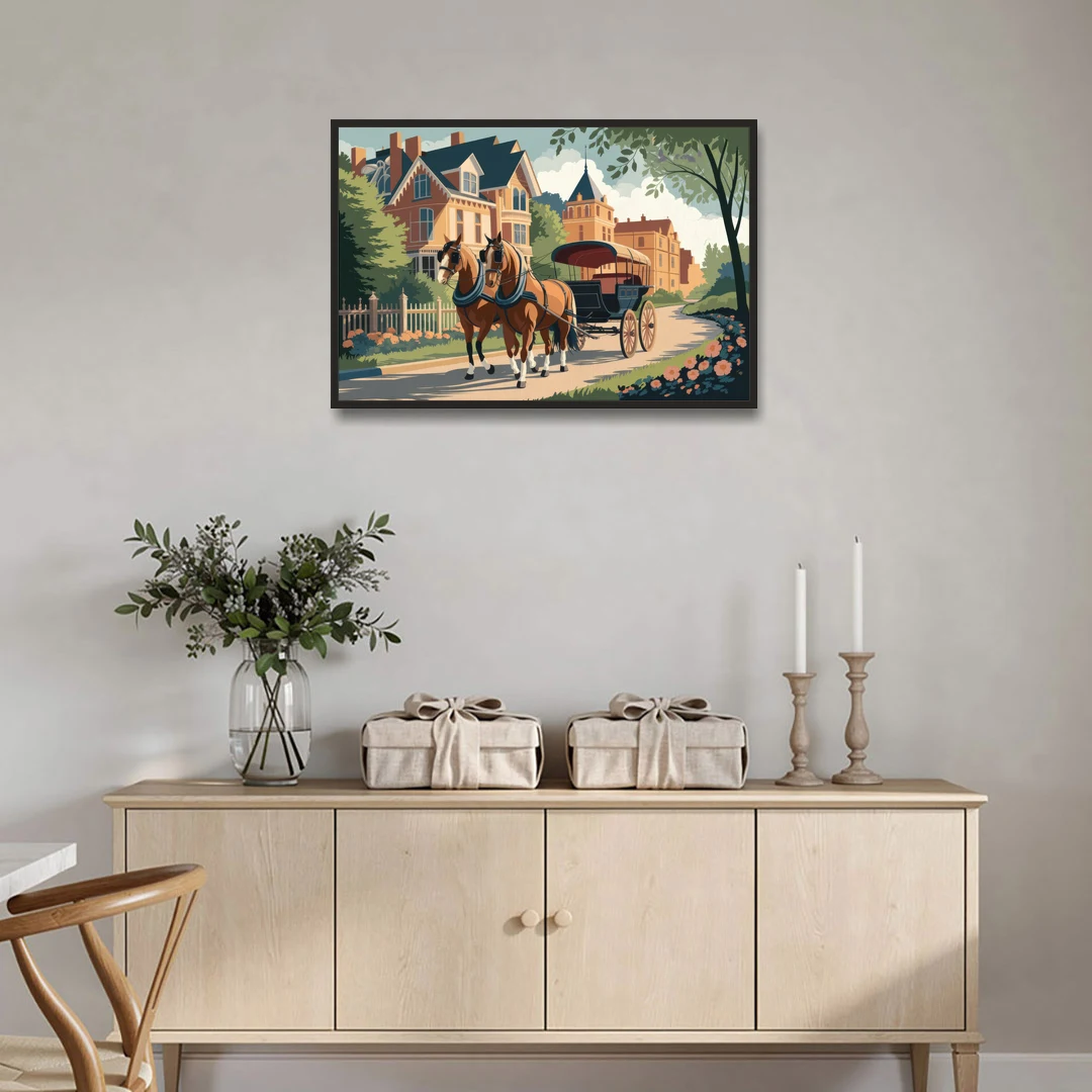 Mackinac Island Horse Carriage Ride - Black Framed Canvas Wall Art - Coffee Table - 36x24