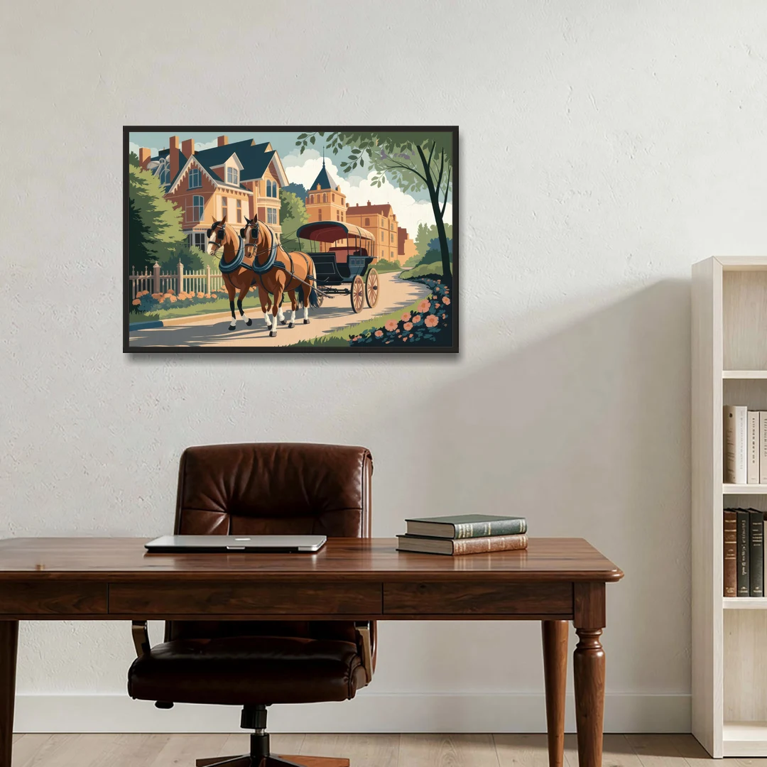 Mackinac Island Horse Carriage Ride - Black Framed Canvas Wall Art - Office - 36x24