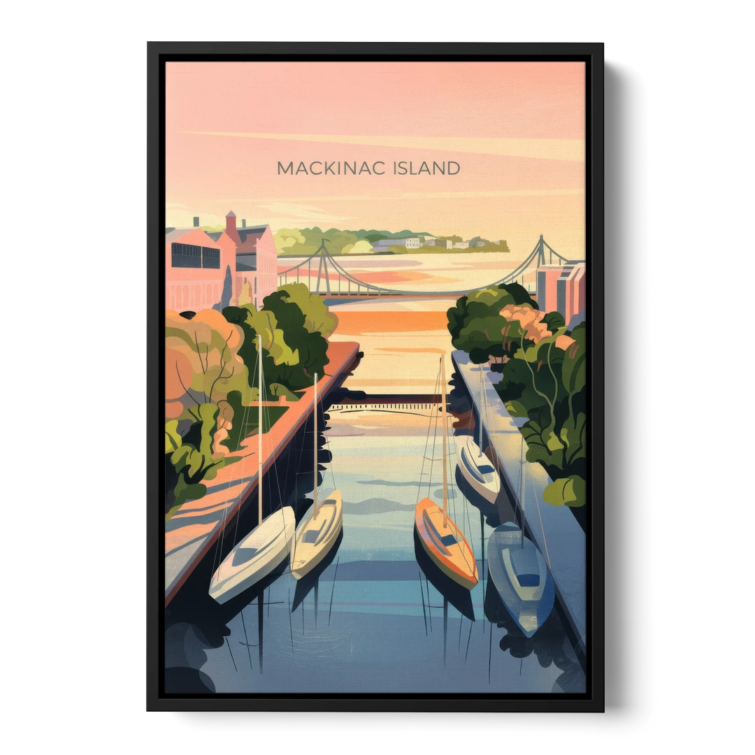 Mackinac Island Sunrise Harbor - Black Framed Canvas Wall Art - Front