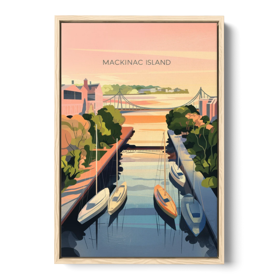 Mackinac Island Sunrise Harbor - Oak Framed Canvas Wall Art - Front