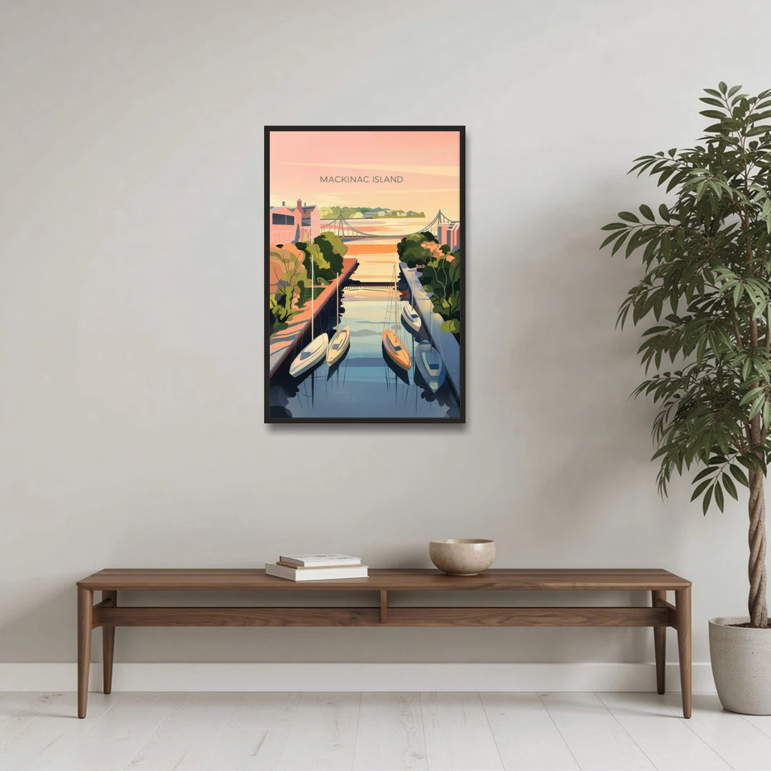 Mackinac Island Sunrise Harbor - Black Framed Canvas Wall Art - Coffee Table - 24x36