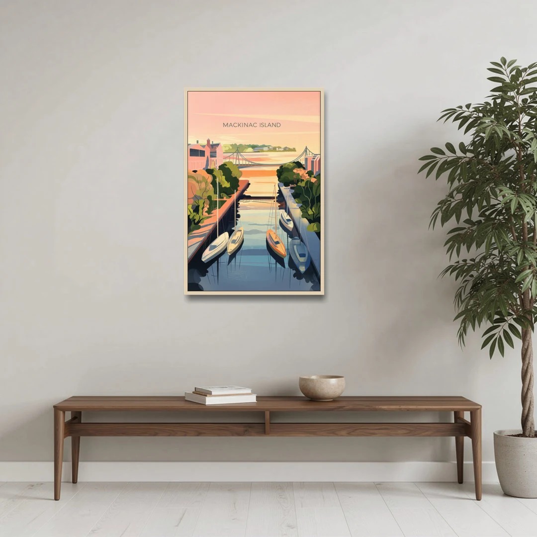 Mackinac Island Sunrise Harbor - Oak Framed Canvas Wall Art - Coffee Table - 24x36