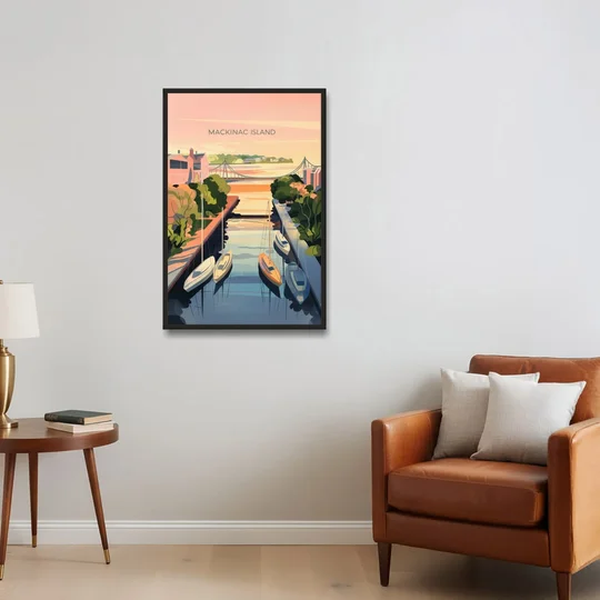 Mackinac Island Sunrise Harbor - Black Framed Canvas Wall Art - Sofa - 24x36