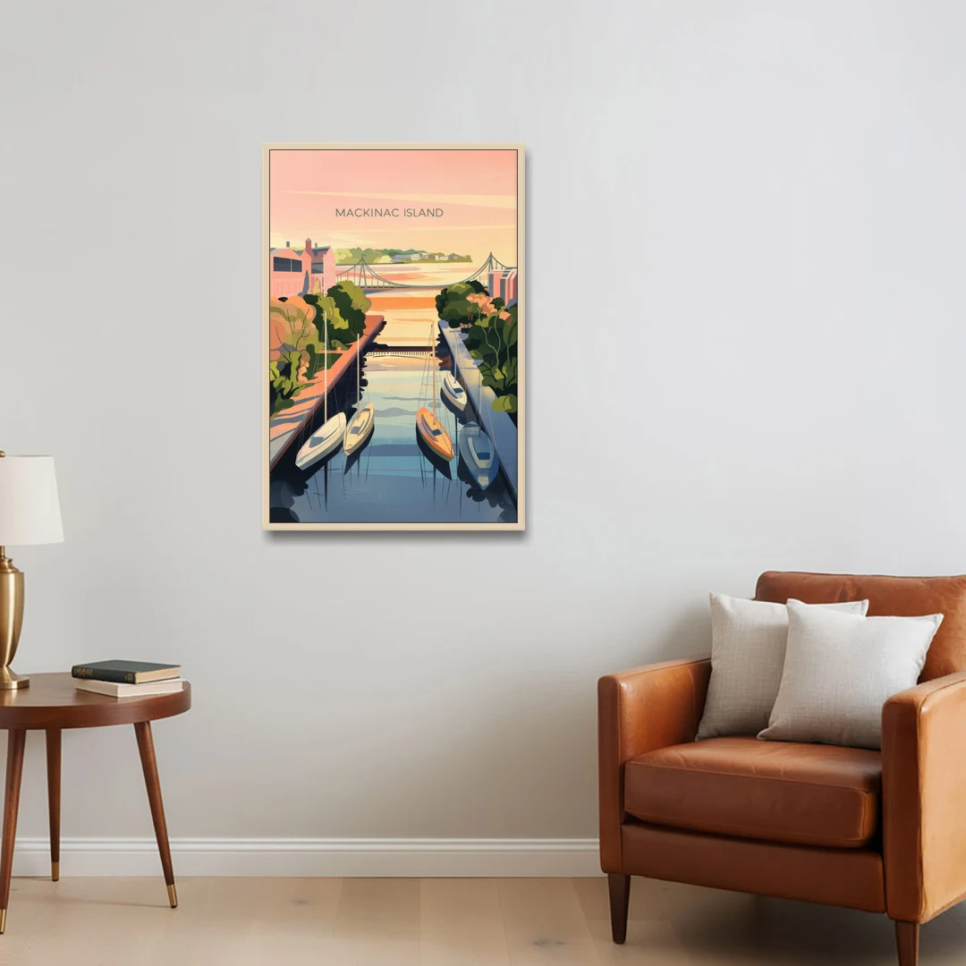 Mackinac Island Sunrise Harbor - Oak Framed Canvas Wall Art - Sofa - 24x36