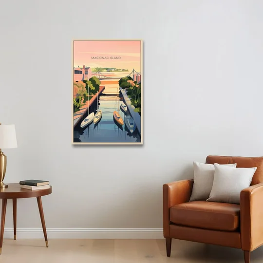 Mackinac Island Sunrise Harbor - Oak Framed Canvas Wall Art - Sofa - 24x36