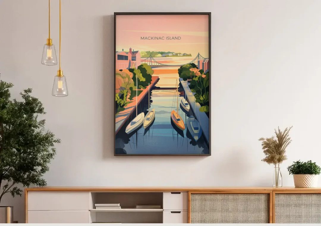 Mackinac Island Sunrise Harbor canvas wall art above a wooden sideboard under pendant lights