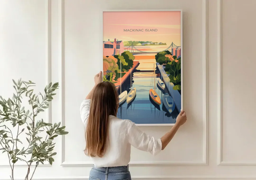 Mackinac Island Sunrise Harbor canvas wall art being hung on a paneled wall