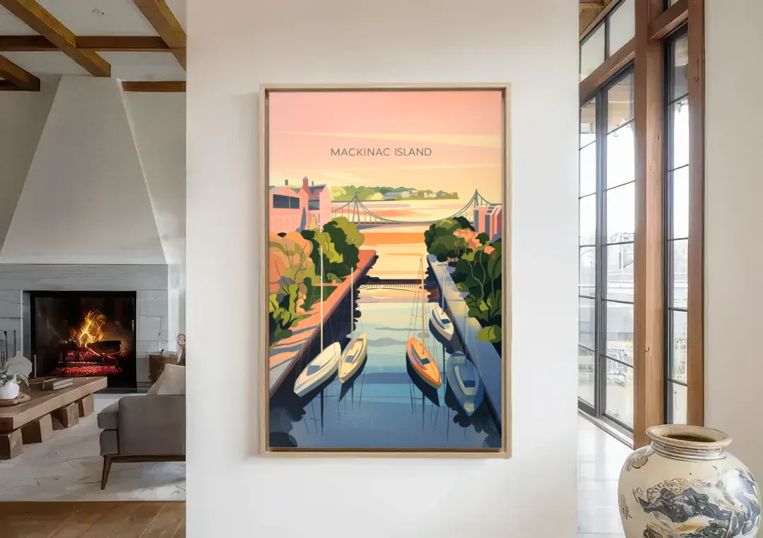 Mackinac Island Sunrise Harbor canvas wall art in a living room with a fireplace
