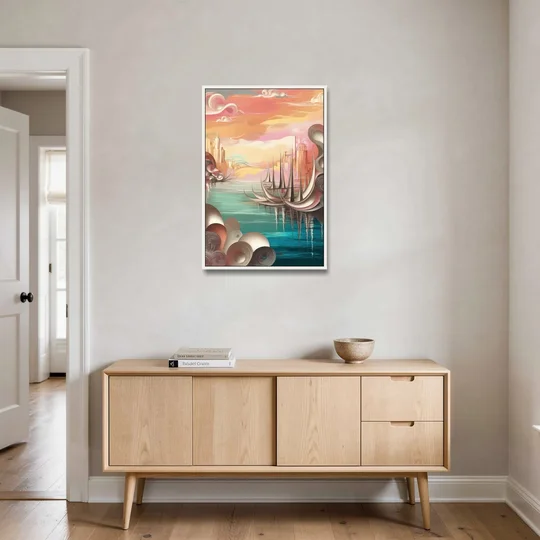 Mackinac Island Waterfront Serenity - White Framed Canvas Wall Art - Coffee Table - 24x36
