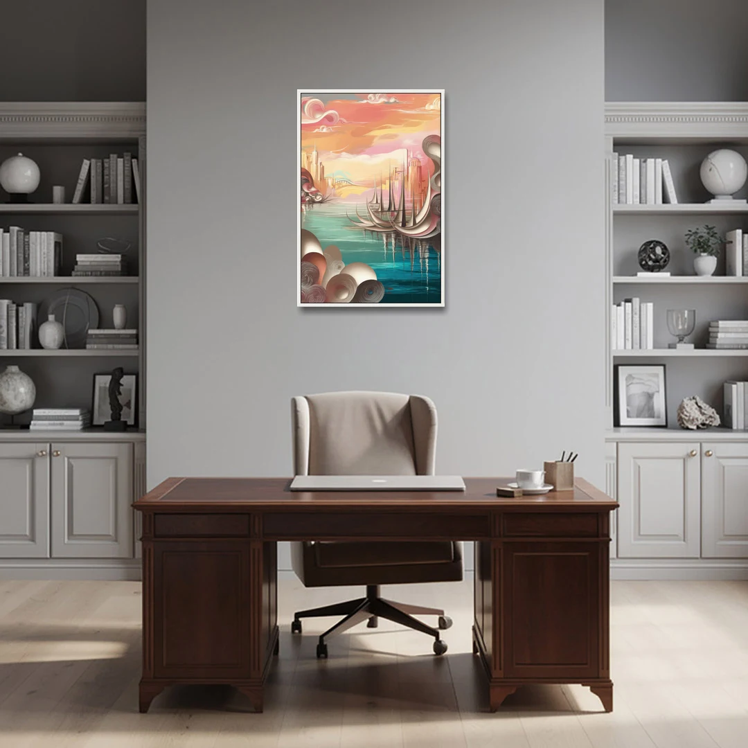 Mackinac Island Waterfront Serenity - White Framed Canvas Wall Art - Office - 24x36