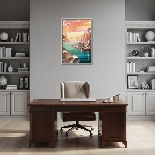 Mackinac Island Waterfront Serenity - White Framed Canvas Wall Art - Office - 24x36