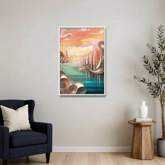 Mackinac Island Waterfront Serenity - White Framed Canvas Wall Art - Sofa - 24x36