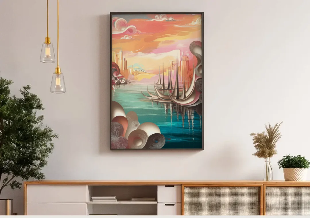 Mackinac Island Waterfront Serenity canvas wall art above a wooden sideboard under pendant lights
