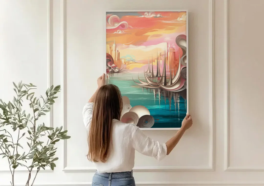 Mackinac Island Waterfront Serenity canvas wall art being hung on a paneled wall
