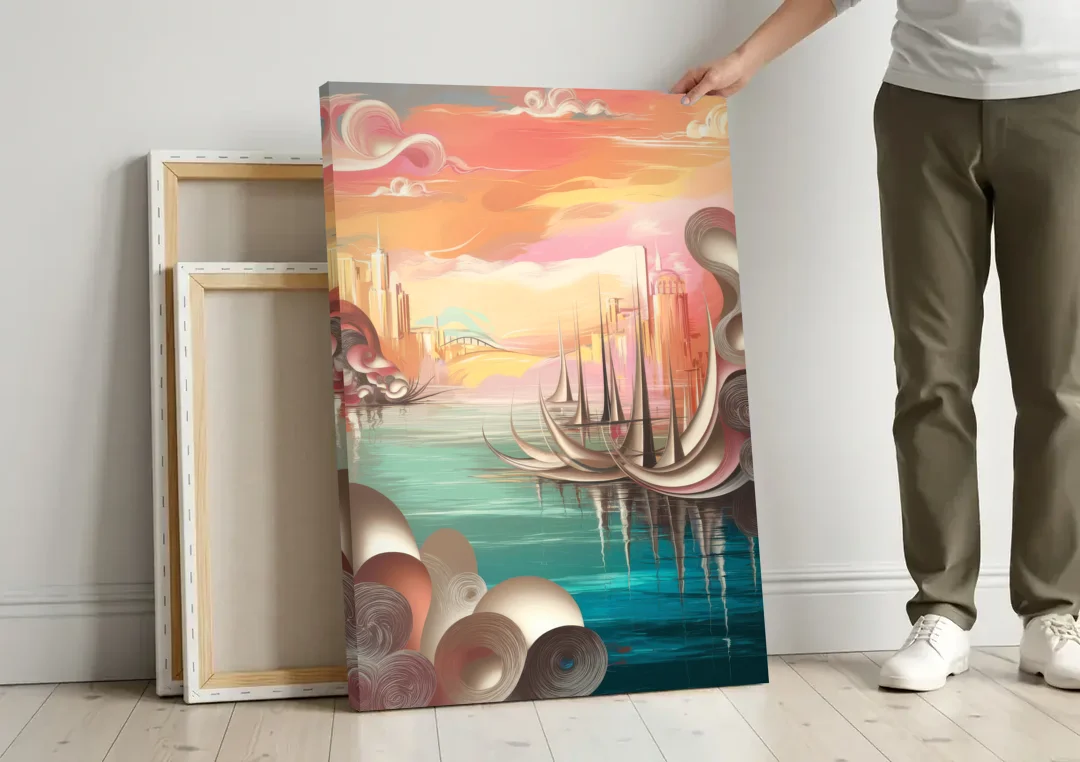 Mackinac Island Waterfront Serenity canvas wall art leaning against a wall next to blank canvases