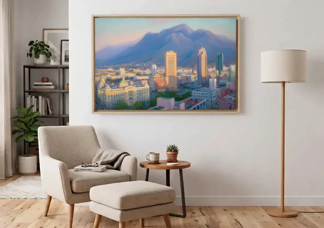 Macroplaza Skyline canvas wall art above an armchair in a bright living room