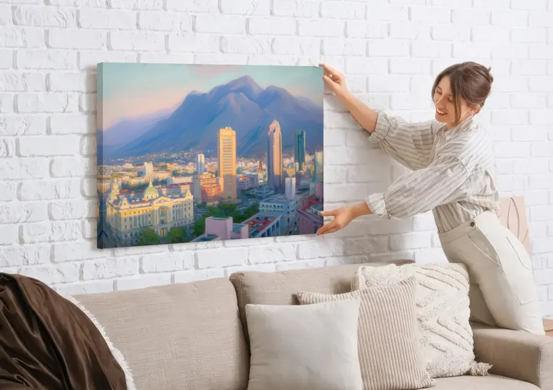 Macroplaza Skyline canvas wall art being hung on a white brick wall above a sofa