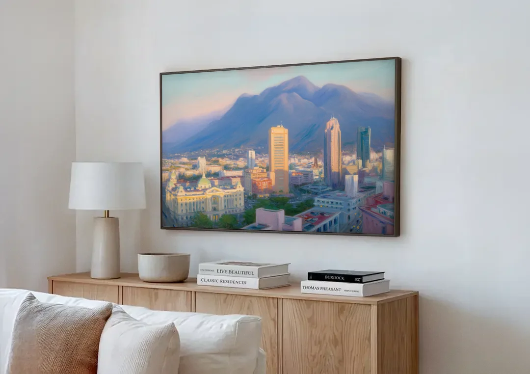 Macroplaza Skyline canvas wall art above a wooden sideboard next to a sofa