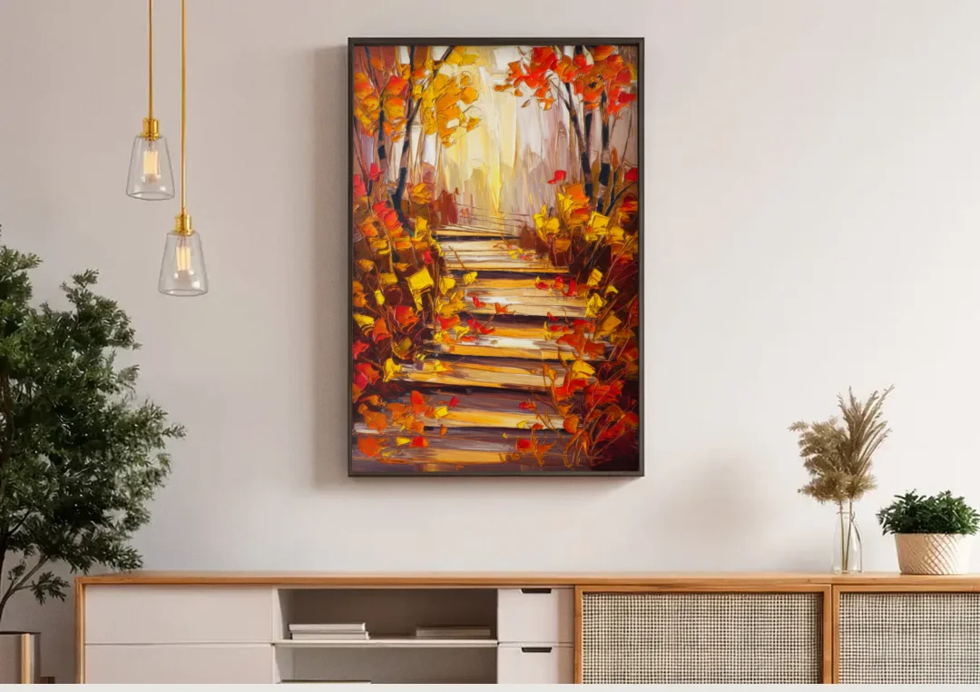 Madison Arboretum Trails canvas wall art above a wooden sideboard under pendant lights