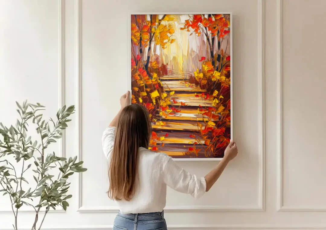 Madison Arboretum Trails canvas wall art being hung on a paneled wall