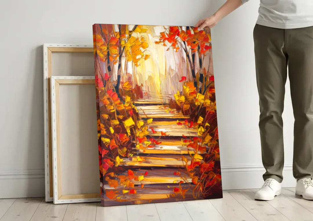 Madison Arboretum Trails canvas wall art leaning against a wall next to blank canvases