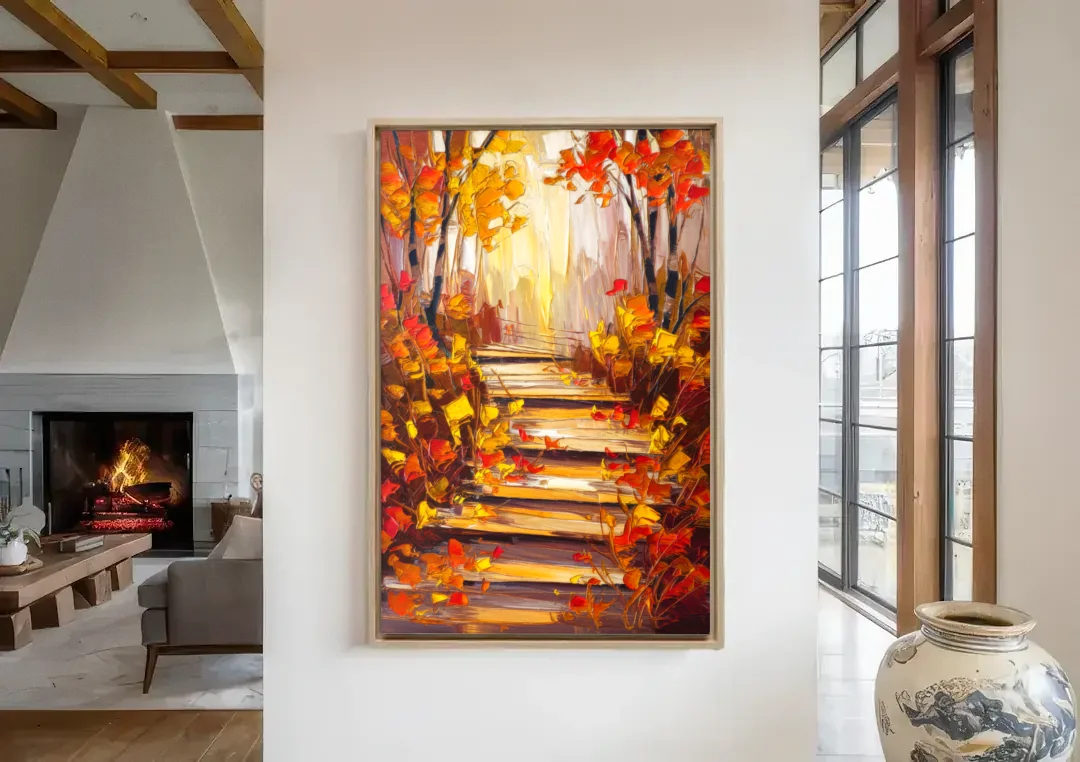 Madison Arboretum Trails canvas wall art in a living room with a fireplace