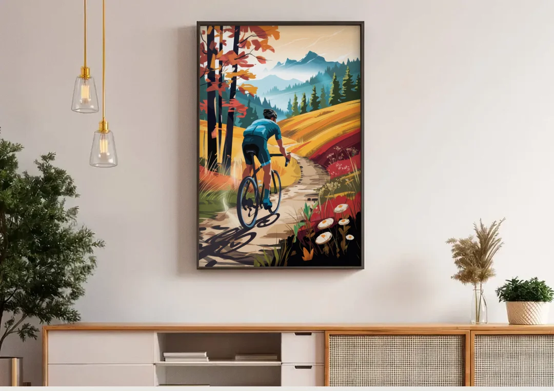 Madison Bike Trails Adventure canvas wall art above a wooden sideboard under pendant lights
