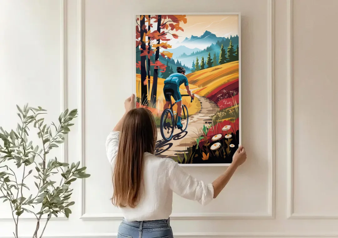 Madison Bike Trails Adventure canvas wall art being hung on a paneled wall