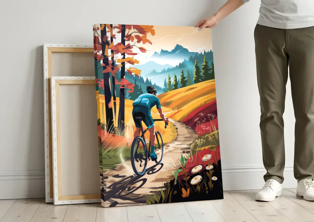 Madison Bike Trails Adventure canvas wall art leaning against a wall next to blank canvases