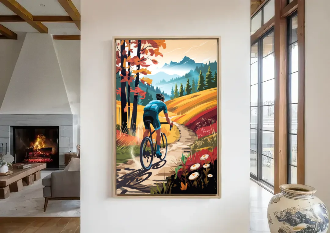 Madison Bike Trails Adventure canvas wall art in a living room with a fireplace